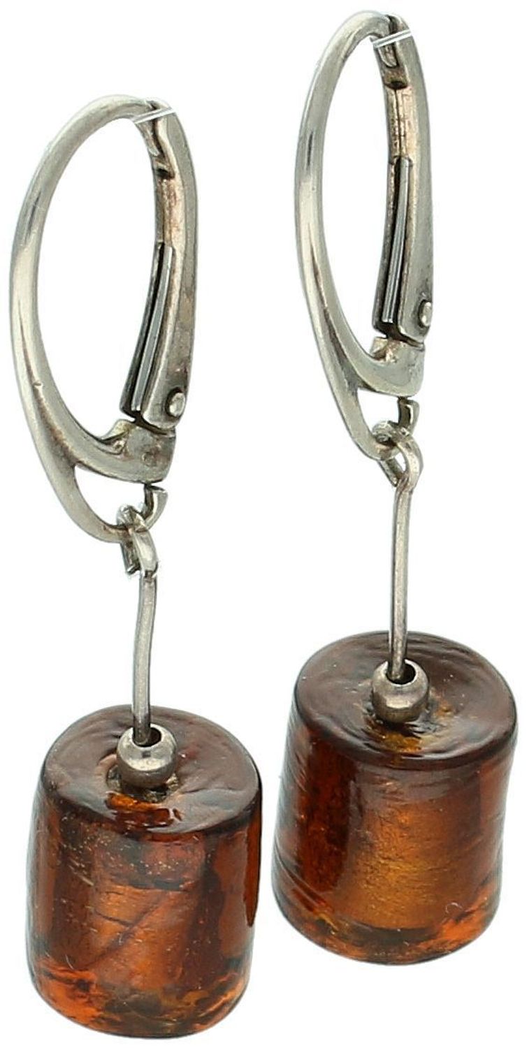 Eleganckie kolczyki damskie srebrne wykonane z srebra próby 925, ozdobione brązowym szkłem weneckim. Długość 4,0 cm, szerokość 8 mm. Zapięcie bigiel angielski – subtelne i stylowe.1.jpg