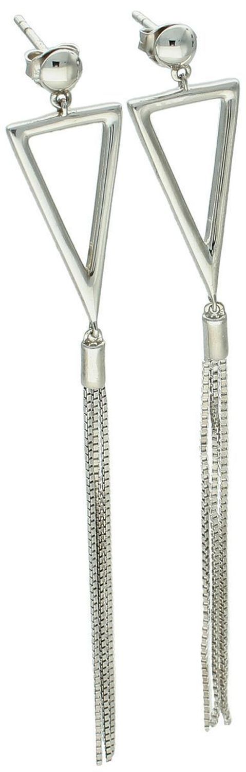 Nowoczesne kolczyki srebrne 925 z trójkątami i łańcuszkami. Długość 8 cm, waga 5,05 g, zapięcie sztyft. Styl geometryczny i elegancja w jednym.1.jpg
