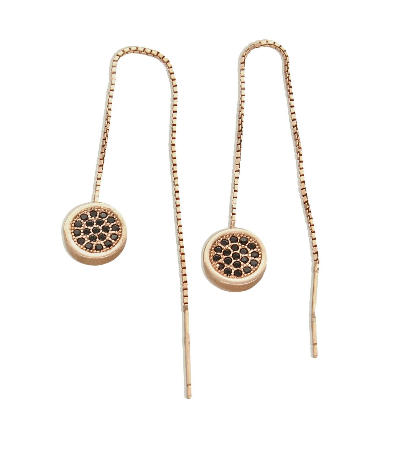 Srebrne kolczyki przeciągane 925 różowe złoto DIA-KLC-8528-925. Srebrne kolczyki przeciągane w kolorze różowego złota z łańcuszkiem zakończone zawieszka w kształcie kółeczka wypełnionego czarnymi cyrkoniami..jpg