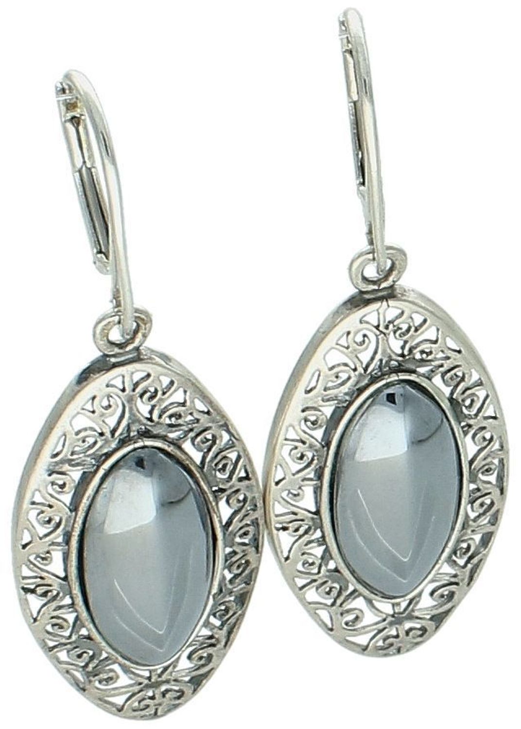 Eleganckie kolczyki damskie wiszące z srebra próby 925, owalne z ażurem i hematytem. Model DIA-KLC-8825-925, długość 5 cm, zapięcie bigiel angielski, waga 7,20 g..jpg