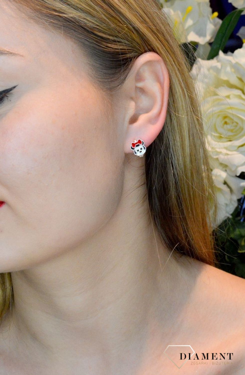 Kolczyki srebrne dziecięce Myszka Minnie bajkowy motyw 925 DIA-KLC-8984-925. Kolczyki z bajek. kolczyki disney.  Kolczyki na prezent dla dziewczynki. Prezent dla nastolatki, dla dziecka. Biżuteria dla dzieci. Prezent na komuni.jpg