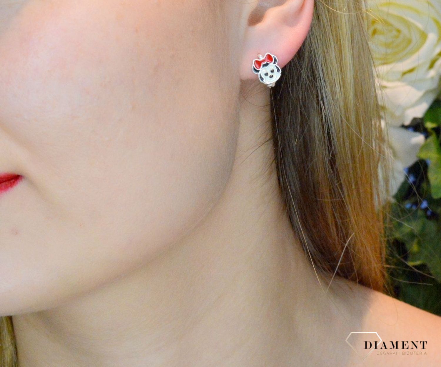 Kolczyki srebrne dziecięce Myszka Minnie bajkowy motyw 925 DIA-KLC-8984-925. Kolczyki z bajek. kolczyki disney.  Kolczyki na prezent dla dziewczynki. Prezent dla nastolatki, dla dziecka. Biżuteria dla dzieci. Prezent na komuni.jpg