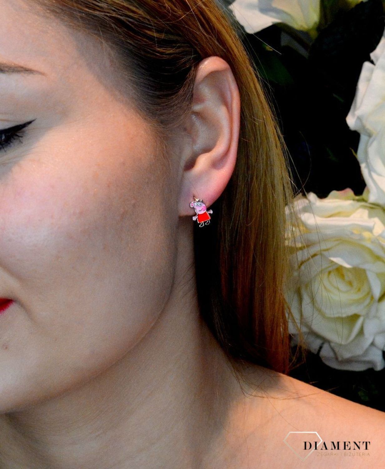 Srebrne kolczyki dla dziewczynki Świnka Peppa DIA-KLC-8985-925.  Kolczyki z motywem postaci z bajki. kolczyki zwierzątka. Kolczyki peppa. Prezent ze świnki peppy. Kolczyki psi patrol, Kolczyki dziecięce..jpg