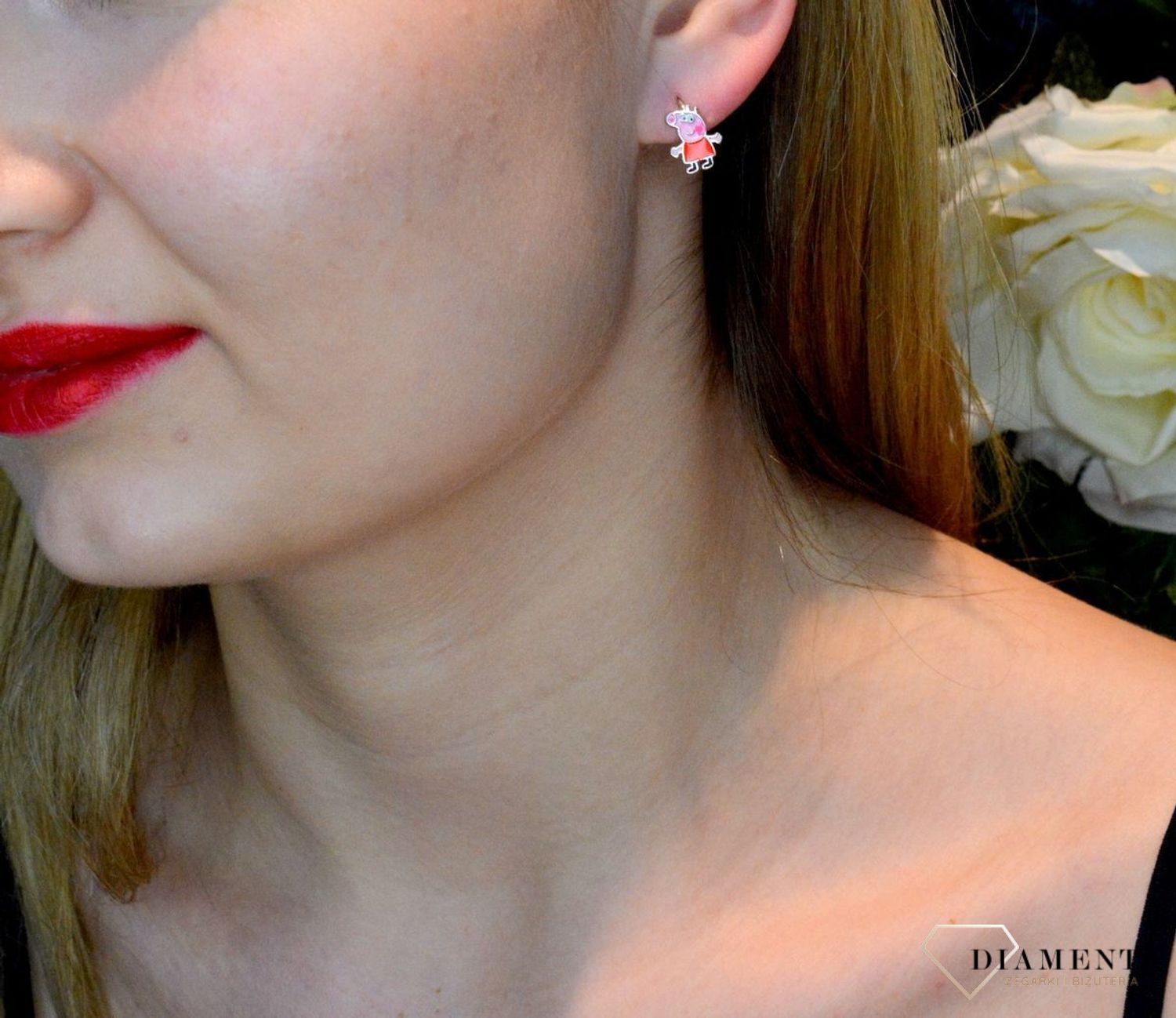 Srebrne kolczyki dla dziewczynki Świnka Peppa DIA-KLC-8985-925.  Kolczyki z motywem postaci z bajki. kolczyki zwierzątka. Kolczyki peppa. Prezent ze świnki peppy. Kolczyki psi patrol, Kolczyki dziecięce..jpg