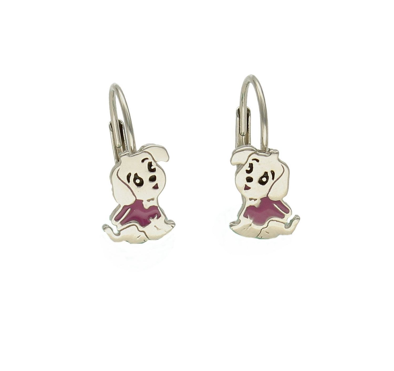 Srebrne kolczyki dla dziewczynki pieski DIA-KLC-9373-925. Kolczyki wykonane z najwyższej jakości srebra próby 925. Kolczyki zostały ozdobione różową emalią. Idealny prezent dla małej modnisi. Piękne kolczyki dla dziewczynki..jpg