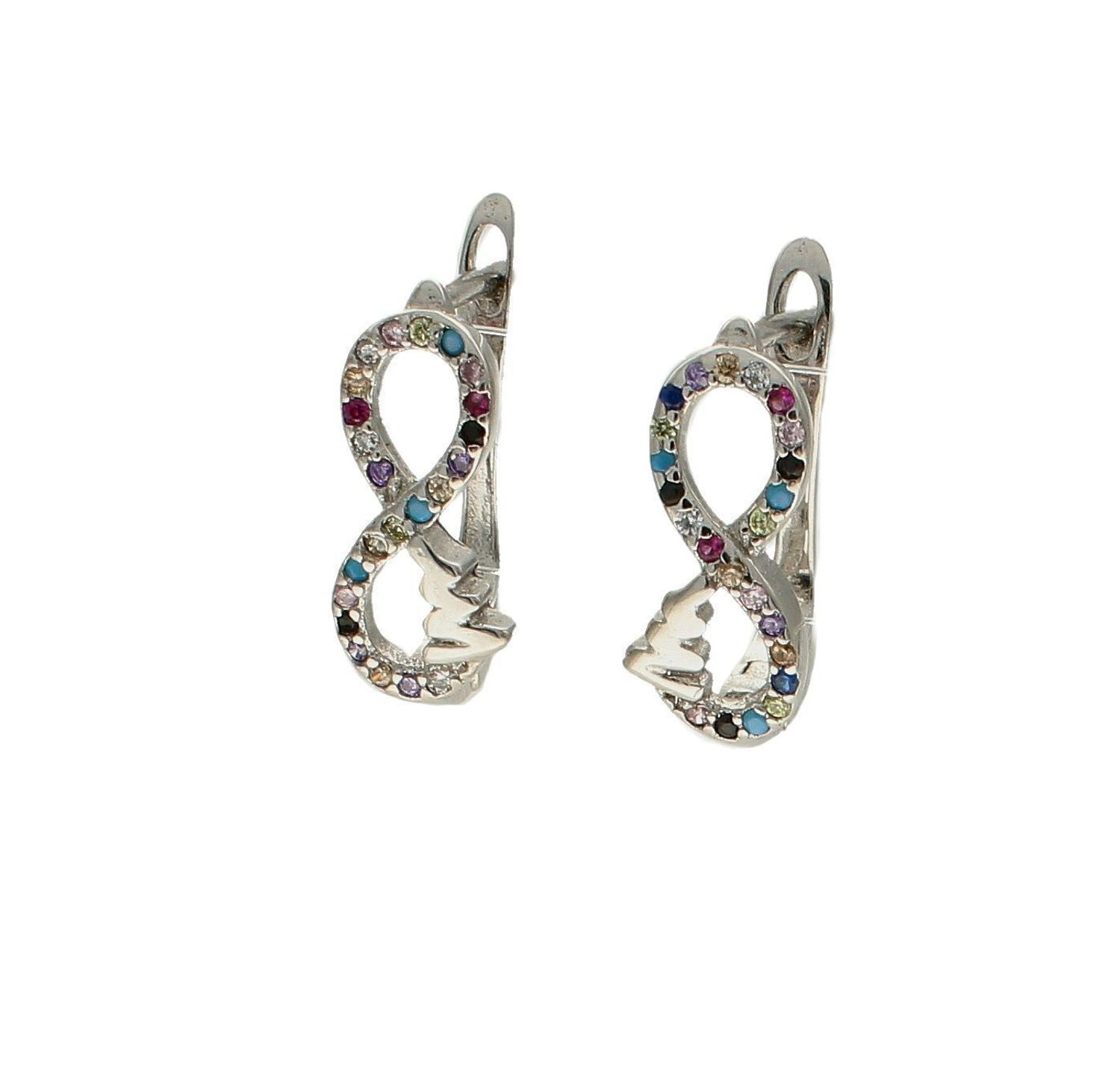 Srebrne kolczyki nieskończoność z kolorowymi cyrkoniami DIA-KLC-9423-925. Kolczyki z wygodnym zapięciem angielskim. Całość wykonana z najwyższej jakości srebra próby 925. Biżuteria to świetny pomysł na prezent..jpg