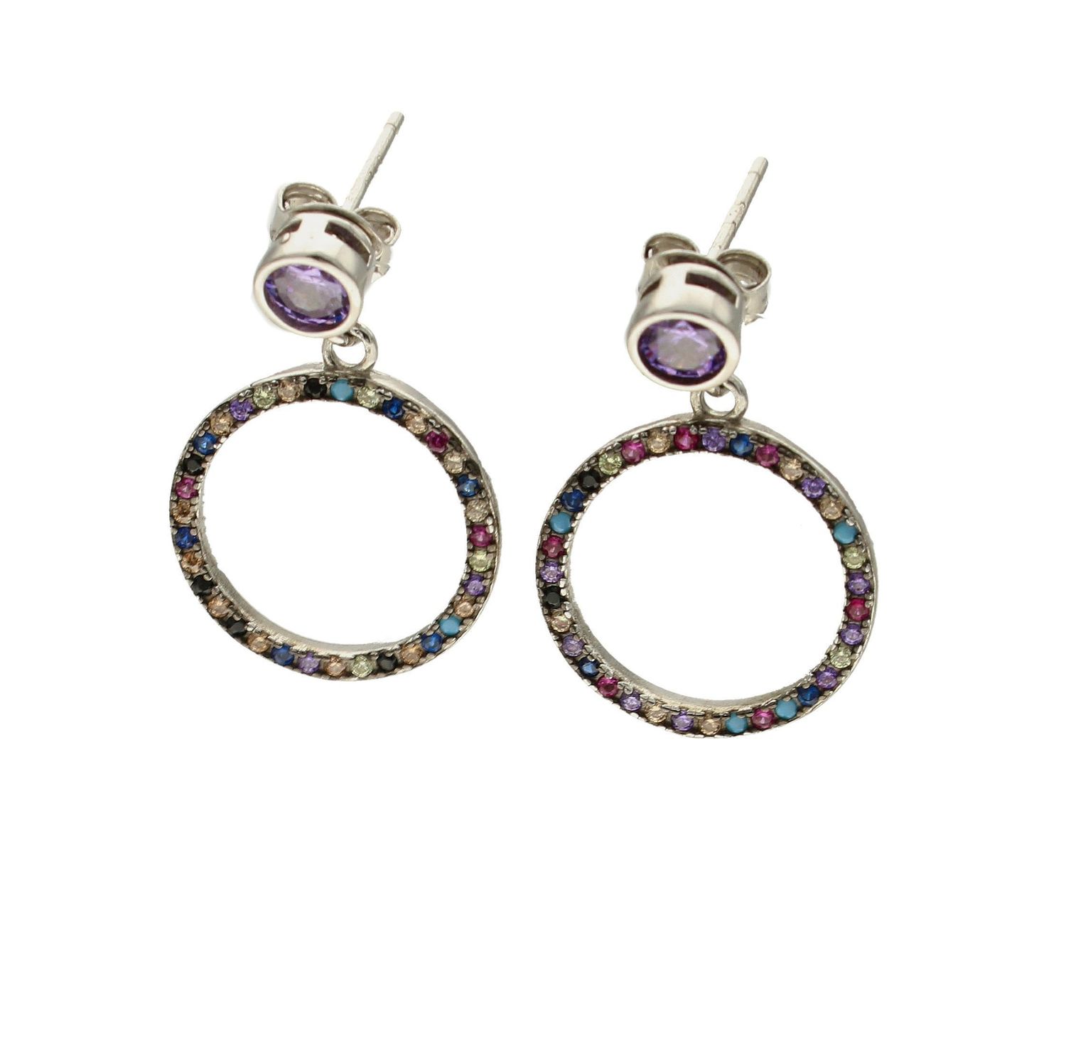 Srebrne kolczyki kółka wiszące z kolorowymi cyrkoniami DIA-KLC-9425-925. Doskonale odnajdą się w kolekcji kobiety ceniącej wyjątkową biżuterię lub niecodzienne formy. Kolczyki posiadają wygodne zapięcia na sztyft. To bardzo do.jpg