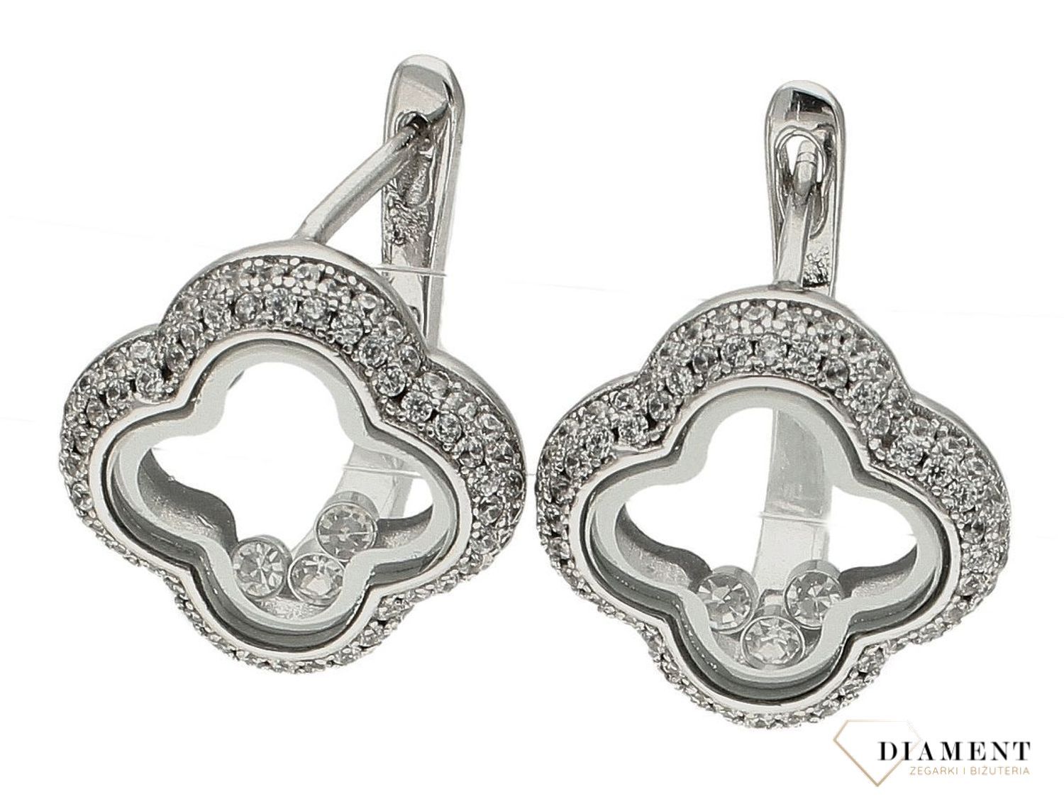 Srebrne kolczyki koniczynki z cyrkoniami zamkniętymi w środku DIA-KLC-9476-925c.jpg
