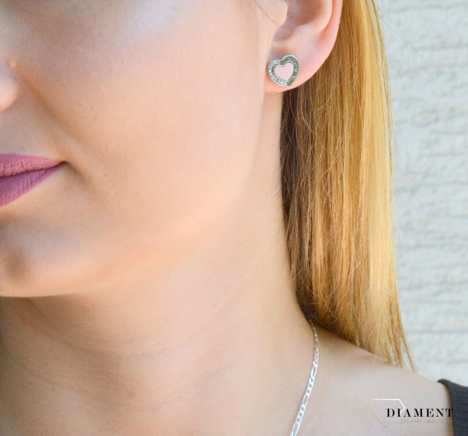Srebrne kolczyki różowe serca z emalią wkrętki DIA-KLC-9562-925d.jpg
