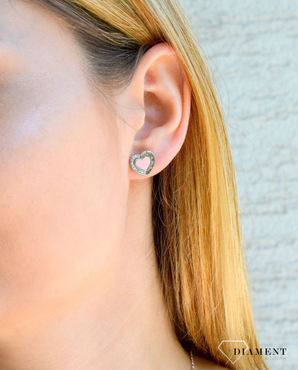 Srebrne kolczyki różowe serca z emalią wkrętki DIA-KLC-9562-925d.jpg