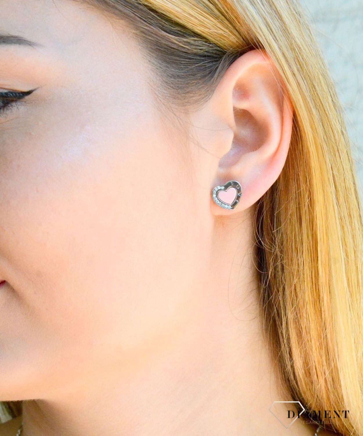 Srebrne kolczyki różowe serca z emalią wkrętki DIA-KLC-9562-925d.jpg