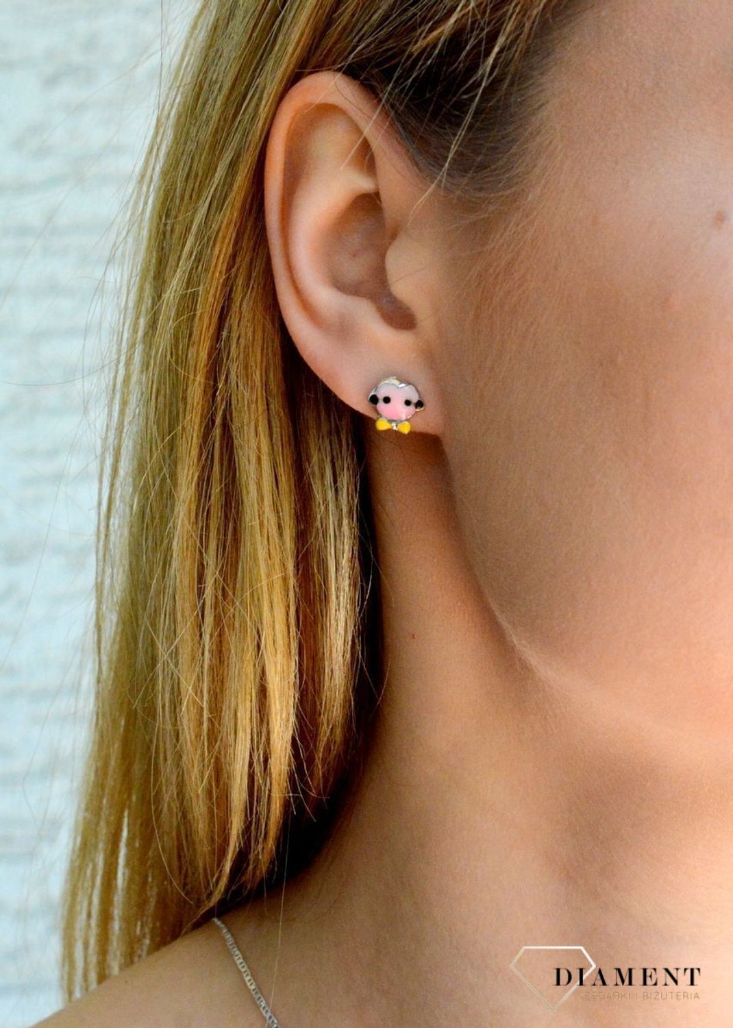 Srebrne kolczyki dziecięce ludziki z różową emalią wkrętki DIA-KLC-9563-925d.jpg