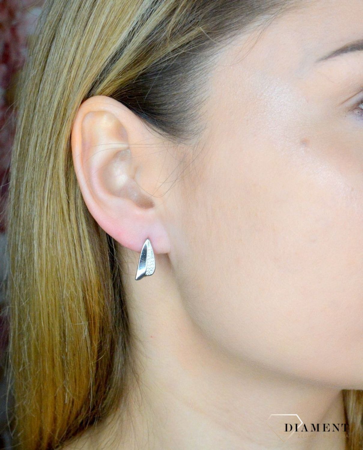 Srebrne kolczyki damskie delikatny wzór ozdobiony cyrkonią DIA-KLC-9585-925. Srebrna biżuteria. Srebrne kolczyki. Biżuteria damska. Kolczyki srebrne. Pomysł na prezent. Kolczyki z cyrkoniami. Kolczyki z zapięciem angielskim..jpg