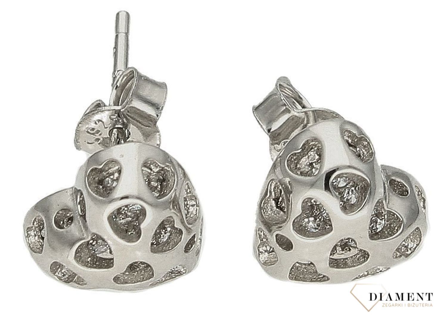 Srebrne delikatne kolczyki damskie wkrętki błyszczące serca DIA-KLC-9587-925.  Srebrne kolczyki damskie. Srebrne kolczyki wkrętki. Srebrne kolczyki damskie, dla dziecka. Kolczyki srebrne na prezent. 1.jpg