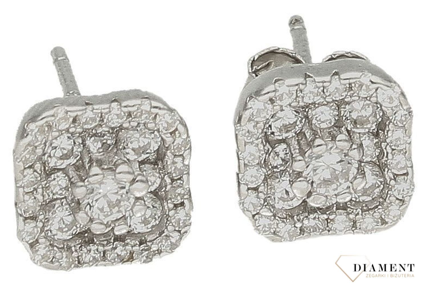 Srebrne kolczyki damskie 925 wkrętki kwadraty wysadzane cyrkoniami DIA-KLC-9595-925. Delikatne kolczyki damskie. Kolczyki dla dz.jpg