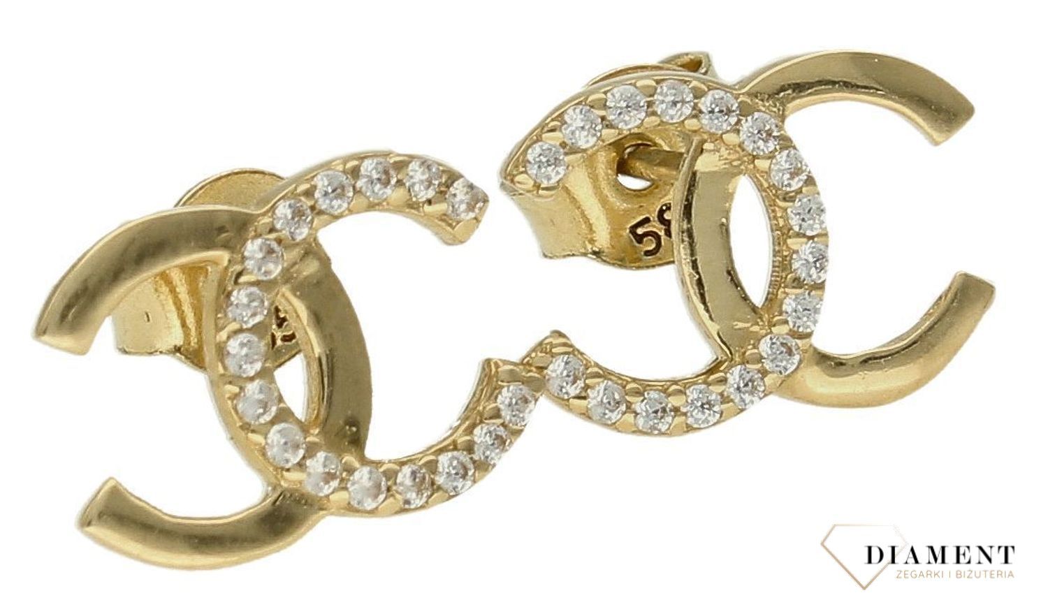 Złote kolczyki damskie wkrętki modne chanelki wysadzane cyrkoniami 585 DIA-KLC-9690-585, Kolczyki złote chanel logo. Kolczyki chanelki. Modne wzory kolczyki złote. Złote kolczyki wkrętki z wyższej próby.8.jpg