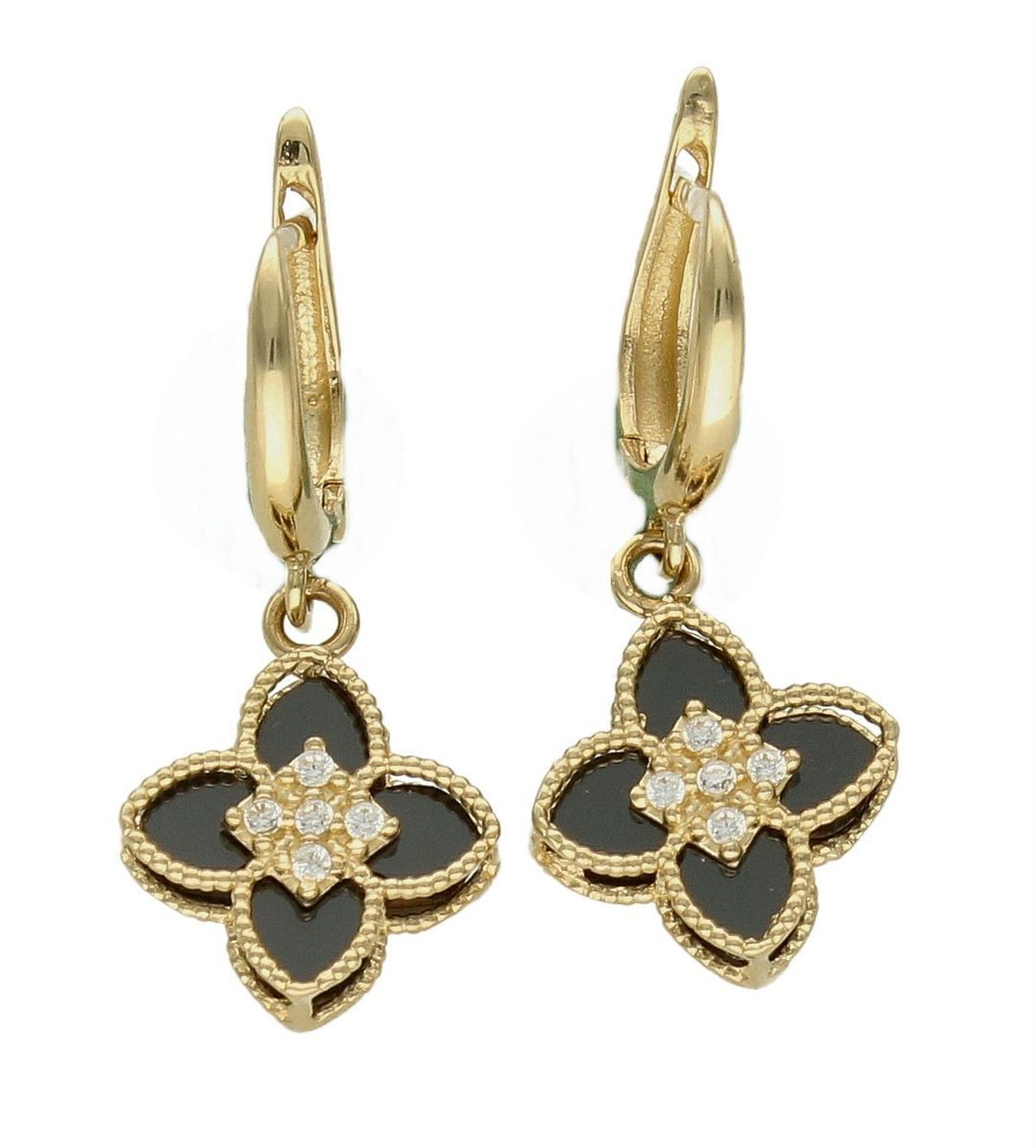 Złote kolczyki 585 czarna wisząca koniczynka DIA-KLC-9701-585. Złote kolczyki wykonane z najwyższej jakości żółtego złota, próba 375, waga około 3,02 gram. Kolczyki w minimalistycznym stylu, wpisujące się w obecne trendy modowe.jpg