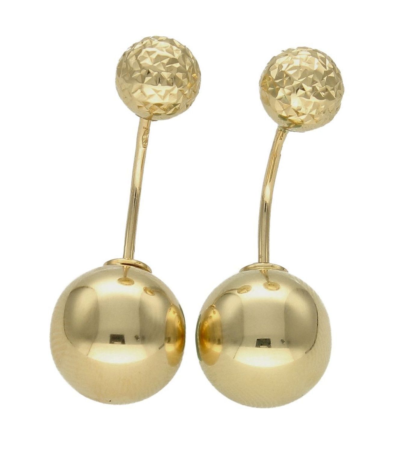 Złote kolczyki 585 wiszące podwójne kulki DIA-KLC-9702-585. Nowoczesne kolczyki składające się z większej i mniejszej kulki to idealny wybór zarówno na co dzień, jak i na wieczór. Takie kolczyki z pewnością spodobają się kobietą. Kol.jpg