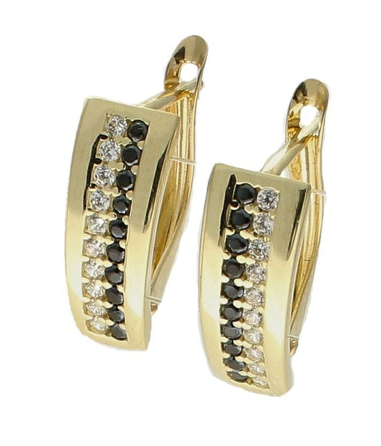 Złote kolczyki 585 z czarnymi cyrkoniami DIA-KLC-9755-585. Złote kolczyki wykonane z najwyższej jakości żółtego złota, próba 585, waga około 1,99 gram. Kolczyki w minimalistycznym stylu, wpisujące się w obecne trendy modowe..jpg