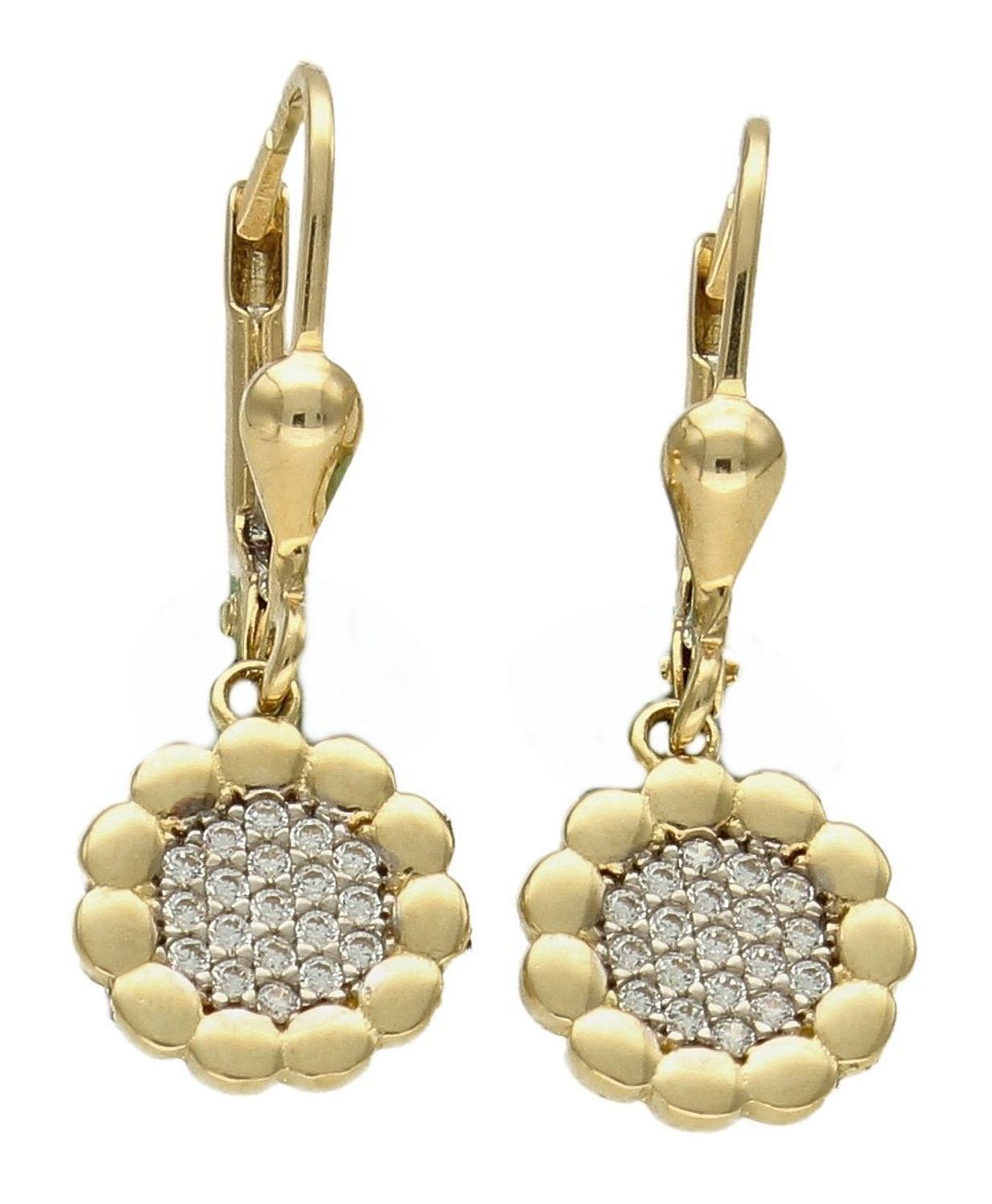 Złote kolczyki 585 wiszące kwiatki z białą cyrkonią DIA-KLC-9758-585. Złote kolczyki 585 z wiszącym ozdobnym kwiatkiem wypełnionym białymi cyrkoniami. Kolczyki zostały wykonane z najwyższej jakości 14-karatowego żółtego złota, próba.jpg