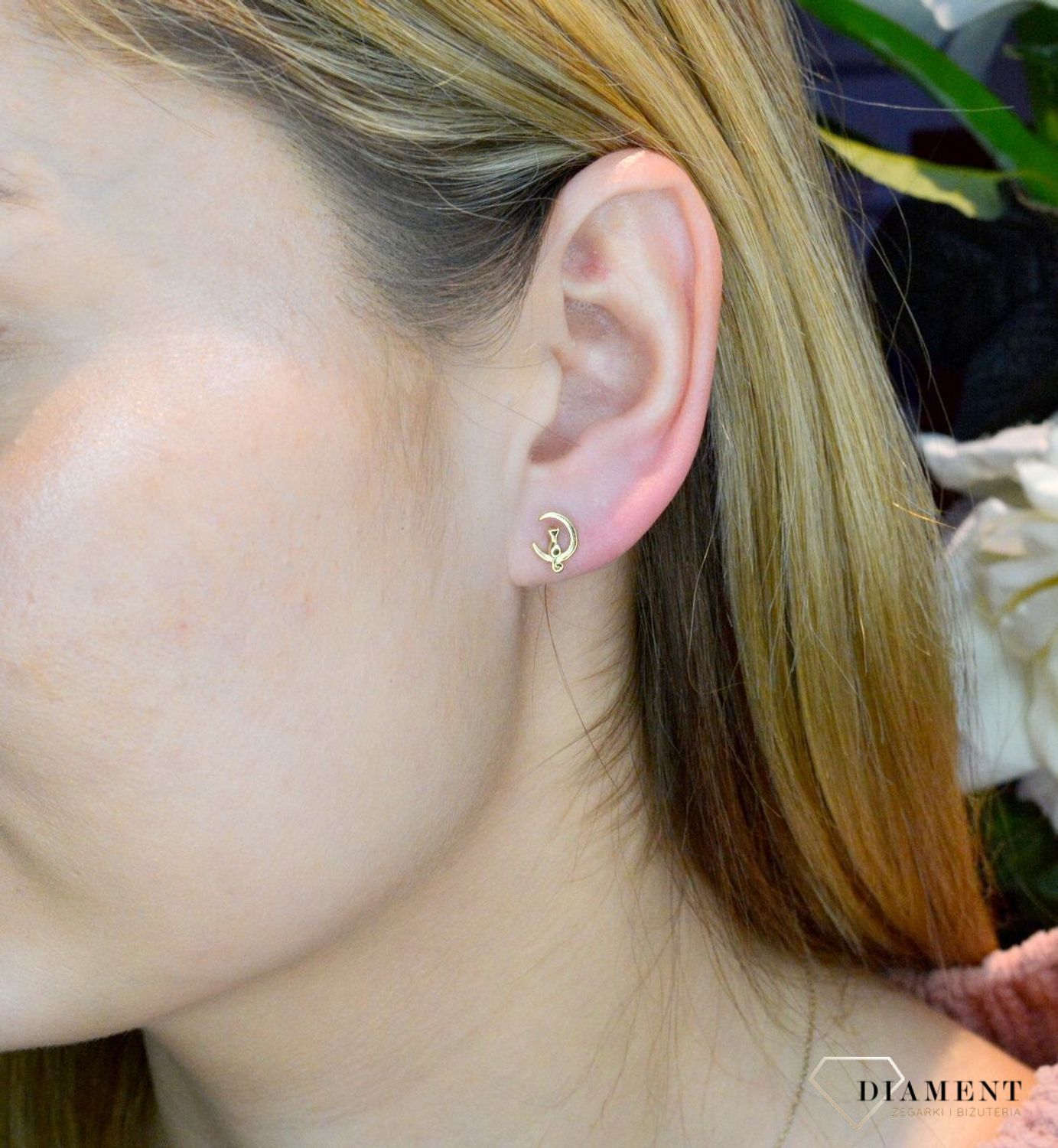 Srebrne kolczyki pozłacane 'Kot na księżycu' DIA-KLC-AE14399EY+1-925 (2).jpg