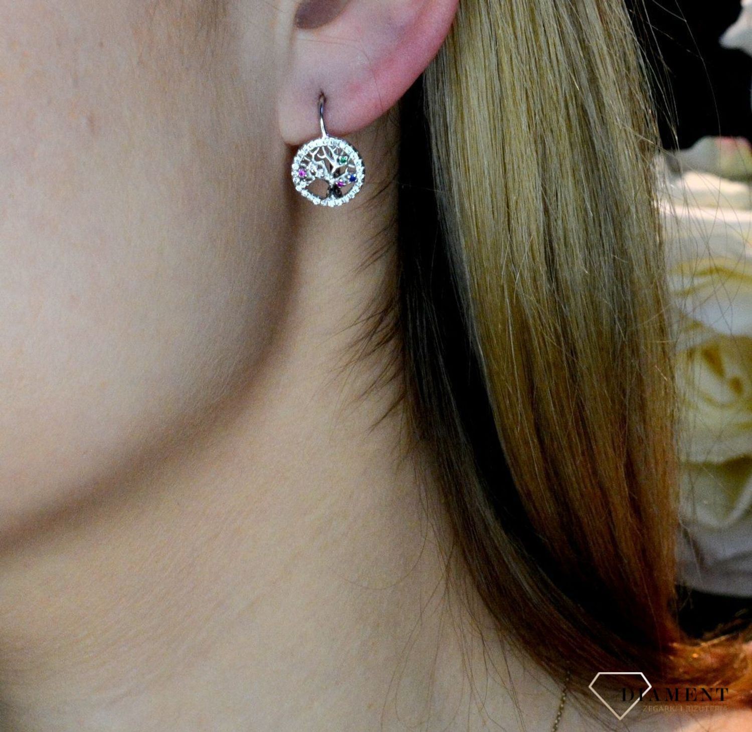 Srebrne kolczyki damskie z cyrkoniami Drzewko życia Ag.jpg