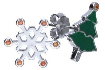 Kolczyki srebrne 925 z motywem choinki i śnieżynki. Asymetryczny design, emalia i cyrkonie. Idealne na święta! Model DIA-KLC-AE22794-925, waga 1,62 g.1.jpg