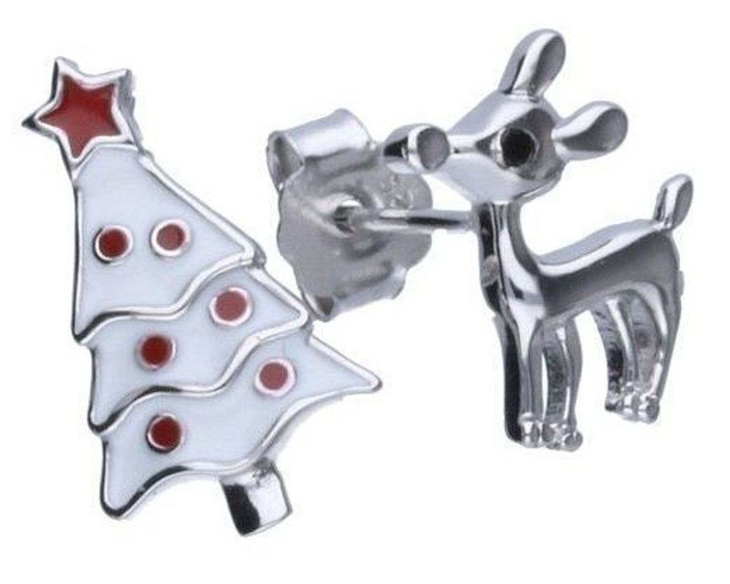 Kolczyki świąteczne z motywem renifera i choinki z emalią. Asymetryczne, srebro próby 925. Lekka, oryginalna biżuteria na zimowe dni. Model DIA-KLC-AE22796-925.1.jpg