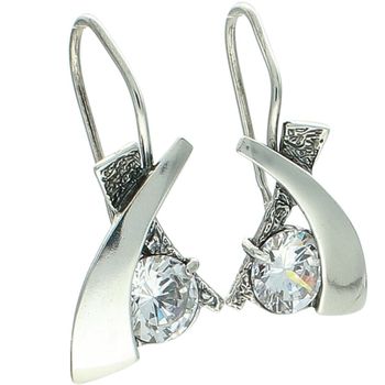 Nowoczesne srebrne kolczyki próby 925 z cyrkonią. Geometryczny wzór, bigiel angielski, długość 3,2 cm. Elegancka biżuteria na co dzień i na prezent.1.jpg