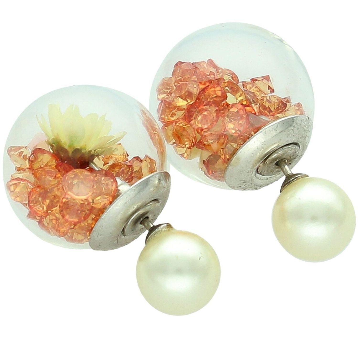 Srebrne kolczyki damskie Diorki z pomarańczowymi cyrkoniami wewnątrz kulki perłowe.jpg