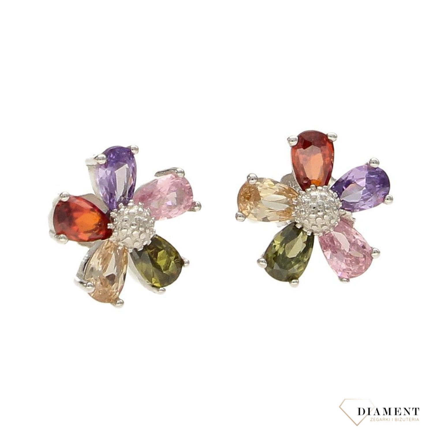 Kolczyki wkrętki ' Kolorowe kwiatki z cyrkoniami'  DIA-KLC-E-61RH-925.jpg