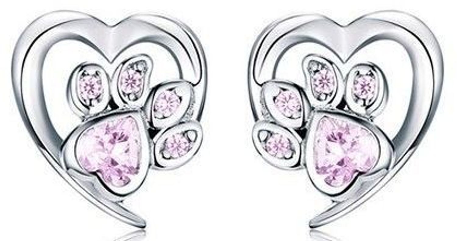 Srebrne kolczyki 925 Serce z łapką DIA-KLC-IM0260423ER-925. Rodowane, ozdobione różowymi cyrkoniami. Lekka i wygodna biżuteria na sztyft, idealna dla miłośników psów.1.jpg