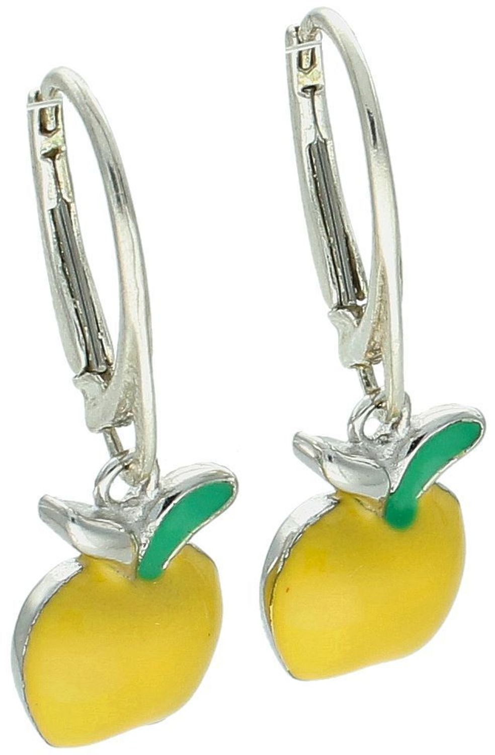 Kolczyki dziecięce srebrne 925 wiszące jabłuszka z żółtą emalią. Bezpieczne zapięcie typu bigiel angielski. Idealne na prezent dla dziewczynki.1.jpg