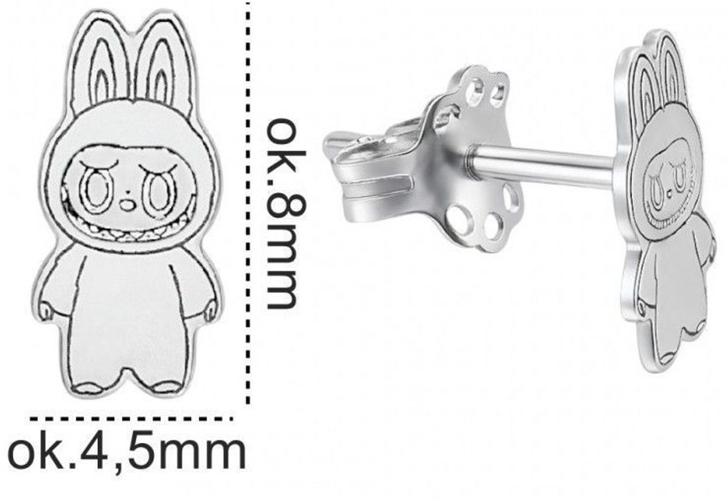 Delikatne kolczyki w kształcie laleczki z rodowanego srebra próby 925. Grawerowane detale, zapięcie na sztyft. Idealne dla dziewczynek i kobiet ceniących oryginalność.1.webp