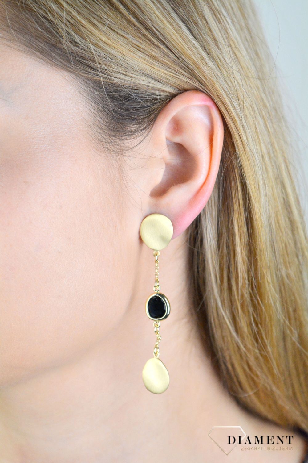 Srebrne kolczyki damskie wiszące Złote blaszki i czarne cyrkonie ORAQH0890003BLK.jpg