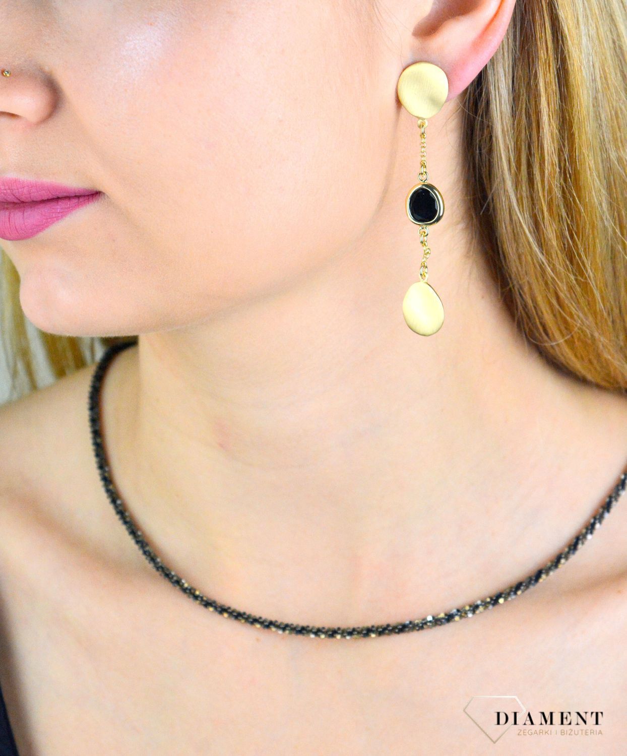 Srebrne kolczyki damskie wiszące Złote blaszki i czarne cyrkonie ORAQH0890003BLK.jpg