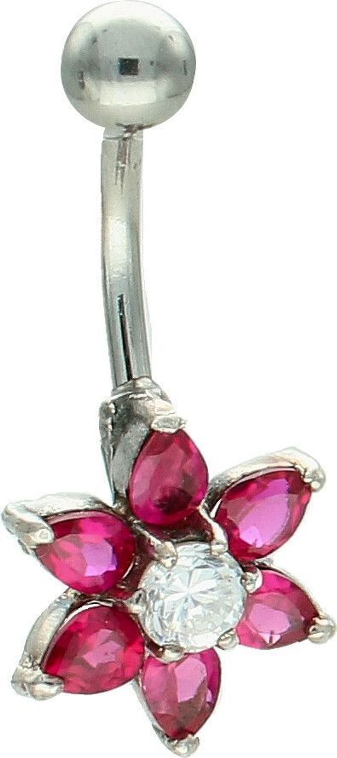 Kolczyk do pępka srebrny 925 kwiat z czerwonymi cyrkoniami zapięcie stalowe.jpg