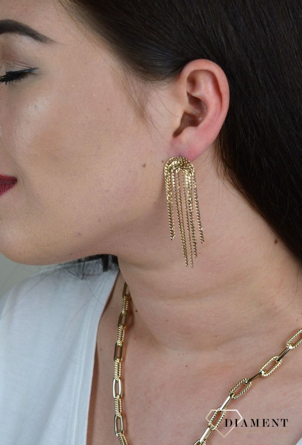 Złote kolczyki duże, wiszące łańcuszki DIA-KLC-RAB02--585.jpg