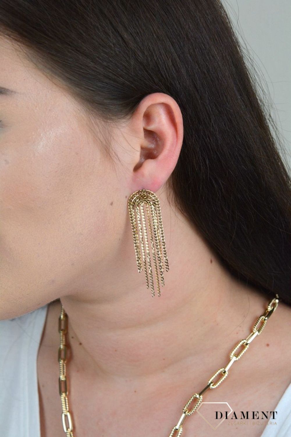 Złote kolczyki duże, wiszące łańcuszki DIA-KLC-RAB02--585.jpg