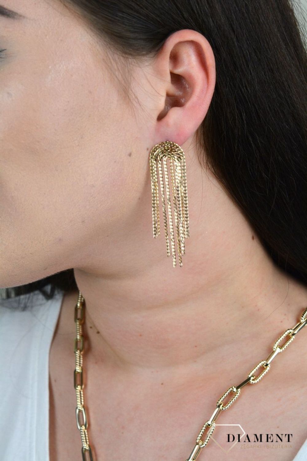 Złote kolczyki duże, wiszące łańcuszki DIA-KLC-RAB02--585.jpg
