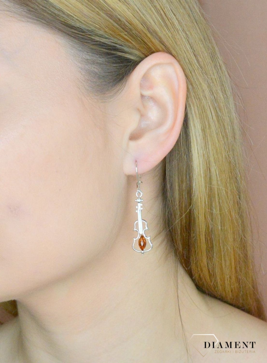 Srebrne kolczyki delikatne wiszące skrzypce z bursztynem bałtyckim DIA-KLC-SKRZYPCE-925.jpg