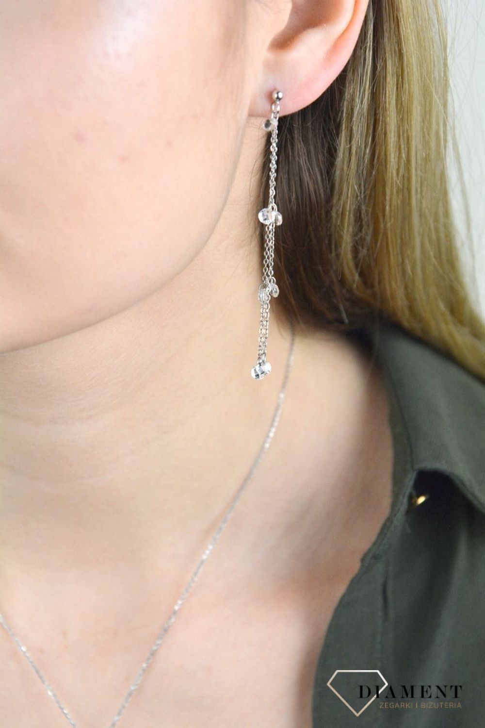 Kolczyki srebrne wiszące łańcuszki z kryształkami białymi DIA-KLC-SWAROVSKI19-925.jpg