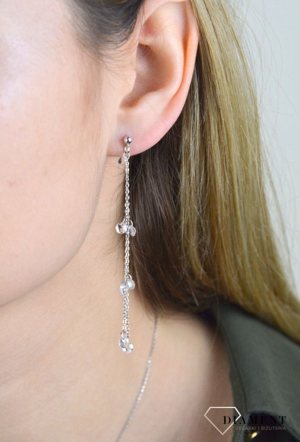 Kolczyki srebrne wiszące łańcuszki z kryształkami białymi DIA-KLC-SWAROVSKI19-925.jpg