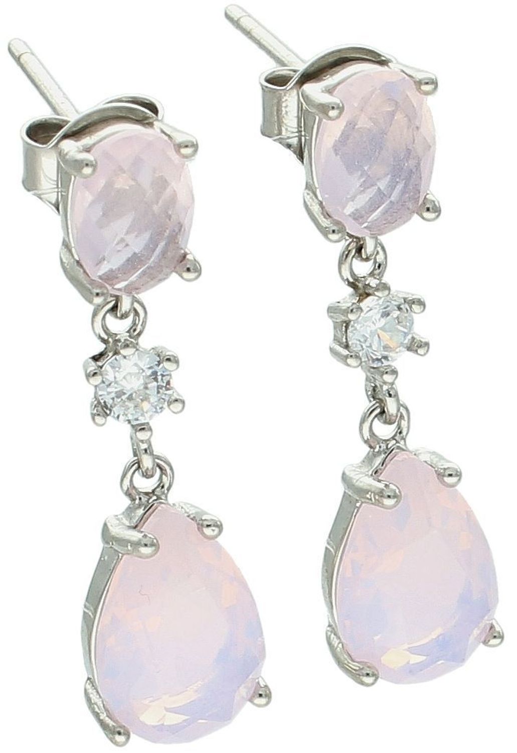 Eleganckie kolczyki wiszące damskie srebrne próba 925 zdobione różowymi kryształami Swarovskiego i cyrkonią. Zapięcie na sztyft, długość 2,5 cm, szerokość 7 mm, waga 3,00 g. Model DIA-KLC-SWAROV.jpg