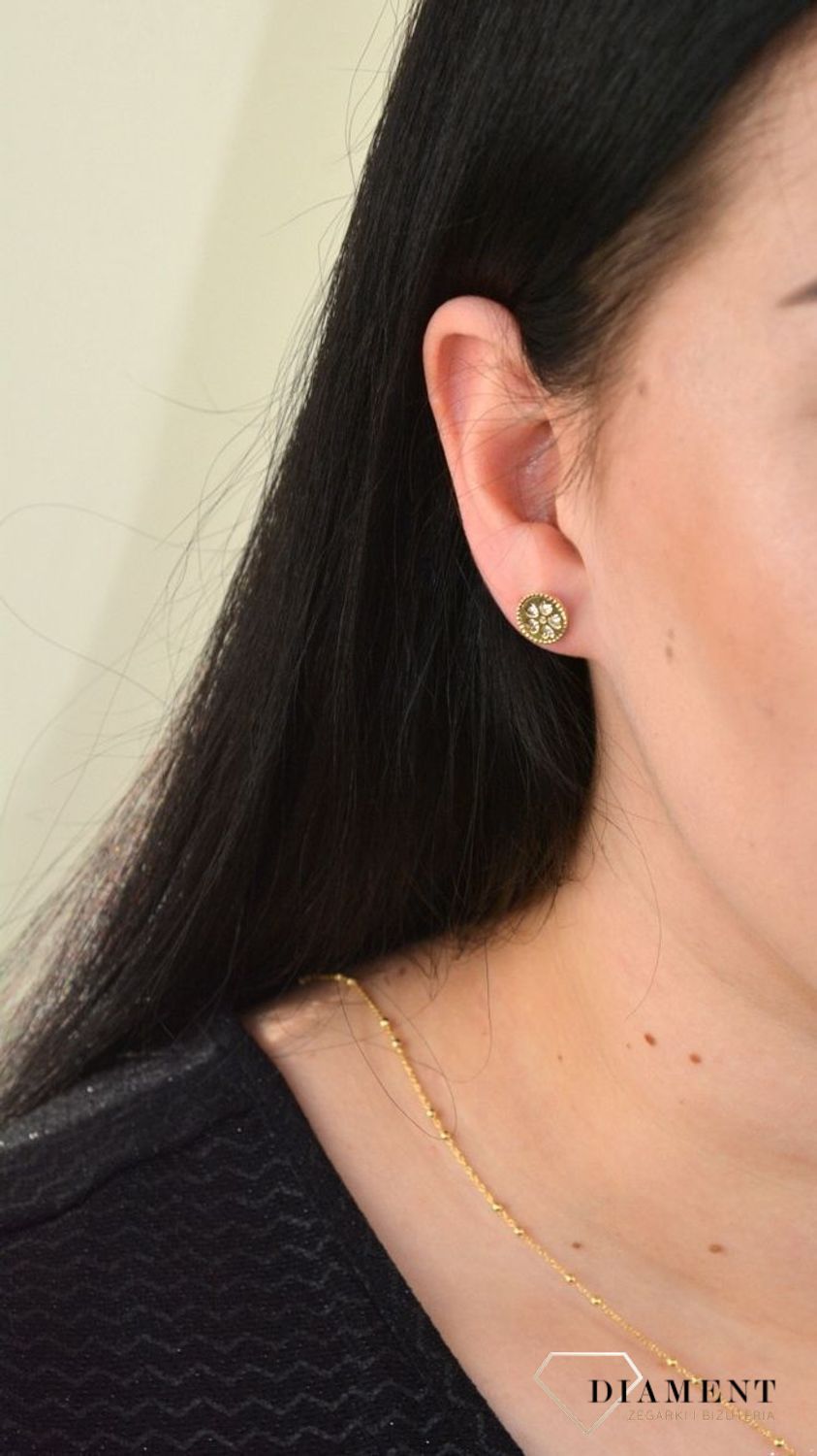 Złote kolczyki okrągłe blaszki ozdobione serduszkami z cyrkonią DIA-KLC-TRES01-585.jpg