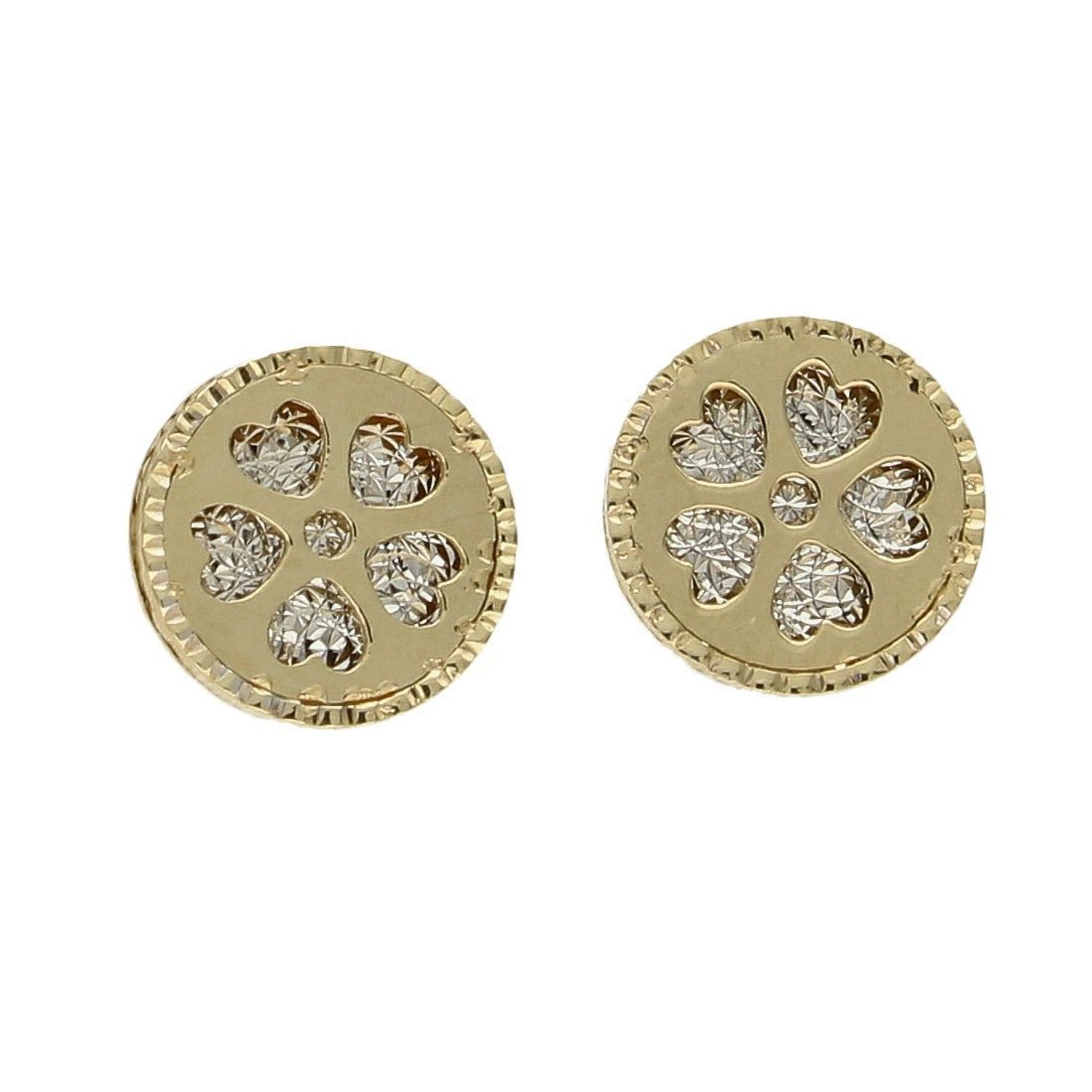 Złote kolczyki okrągłe blaszki ozdobione serduszkami z cyrkonią DIA-KLC-TRES01-585.jpg