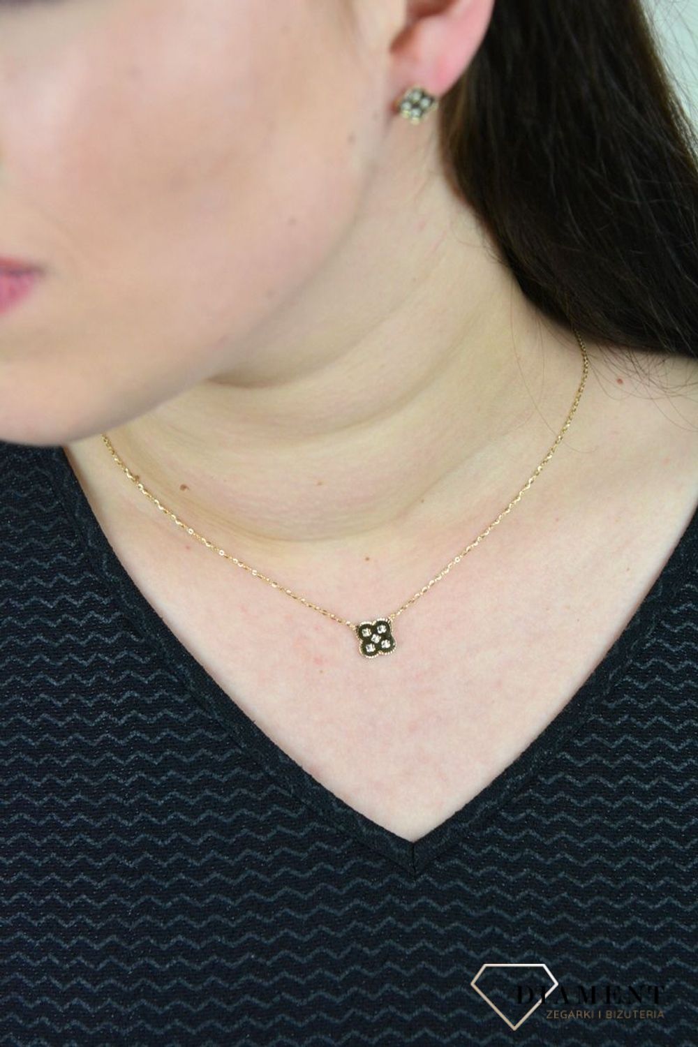 Złote kolczyki na sztyft koniczynka z cyrkonią DIA-KLC-TRESS30-TT-585.jpg