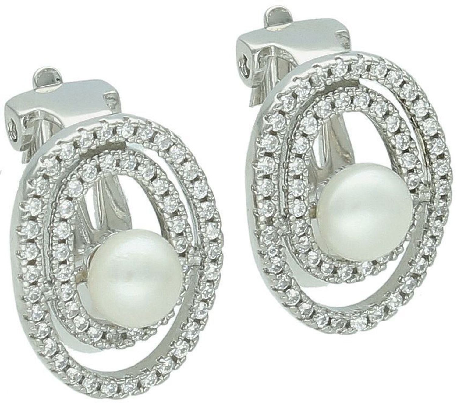 Klipsy damskie srebrne z perłami i cyrkoniami owalne próba 925, DIA-KLI-12824-925 Te wyjątkowe klipsy to doskonałe połączenie klasycznej elegancji z nowoczesnym wykonaniem.1.jpg