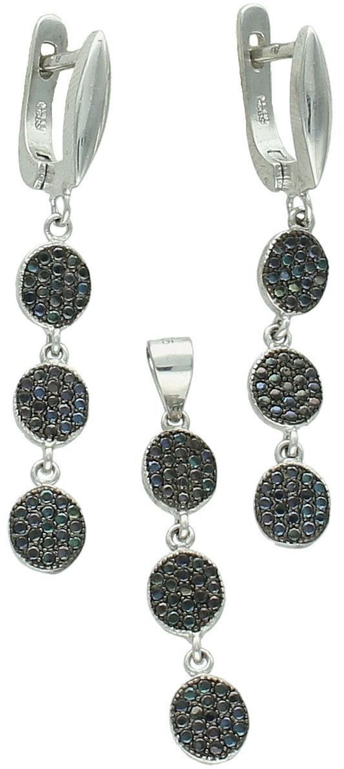 Komplet srebrnej biżuterii z czarną cyrkonią – kolczyki i zawieszka z motywem kółek, Srebro 925 (1).jpg