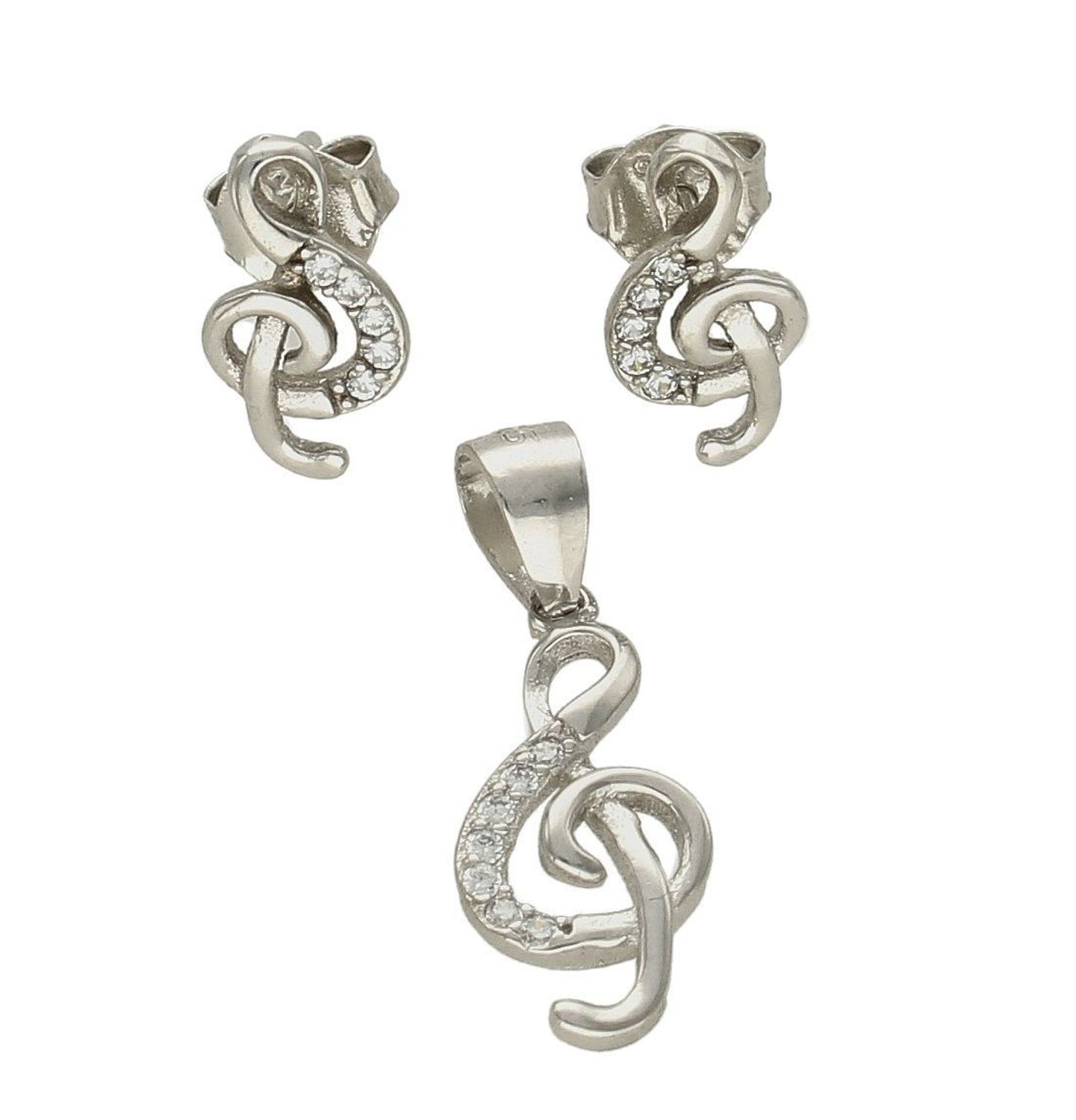 Komplet srebrnej biżuterii 925 klucz wiolinowy DIA-KPL-0794-925. Komplet srebrnej biżuterii wykonany z najwyższej jakości srebra próby 925. Kolczyki posiadają wygodne zapięcie na sztyft. Idealny pomysł na prezent dla muzykalne.jpg